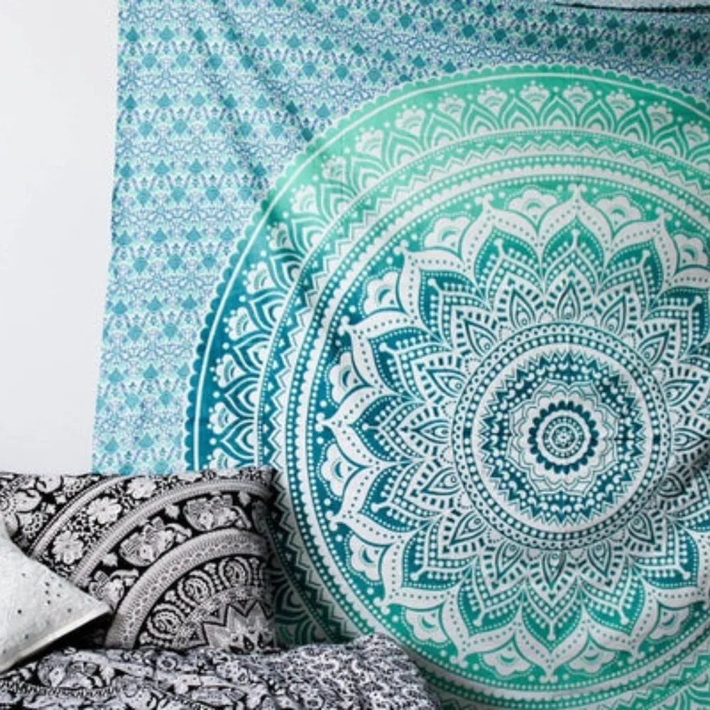 Queen Size Tapestry & Two Bed Pillow Covers SET Green Teal Blue NEW